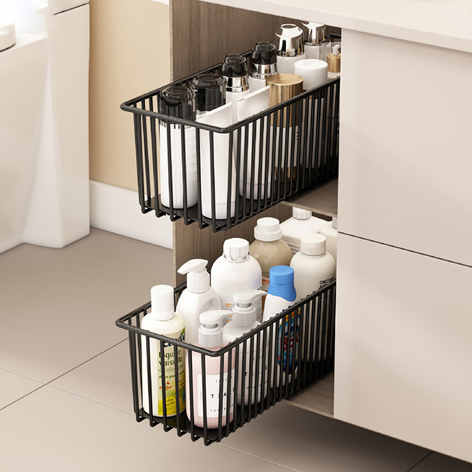 Pull-out storage cabinet with multi-level compartments, under-sink garbage bin, storage basket for kitchen utensils, and storage rack for kitchen seasonings.,HangYu Housewares ,Pull-out storage cabinet with multi-level compartments, under-sink garbage bin, storage basket for kitchen utensils, and storage rack for kitchen seasonings.