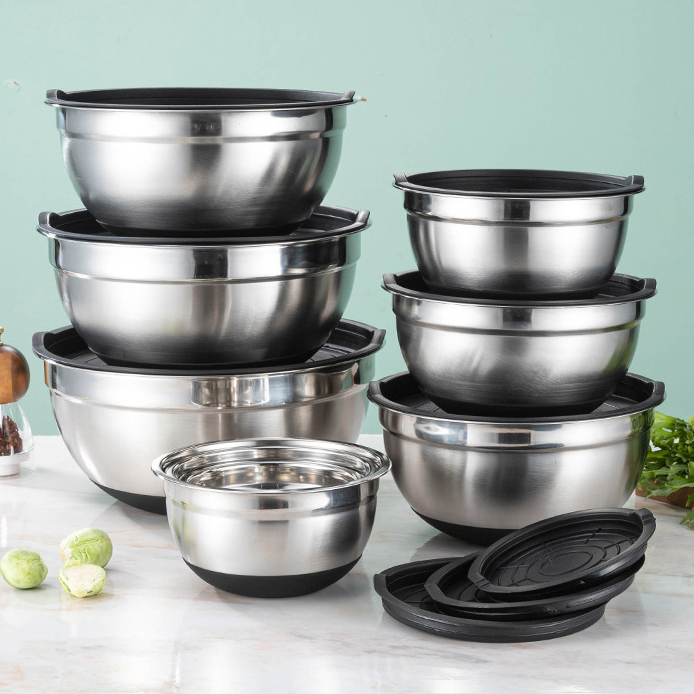 Silicone bottom with lid and stainless steel salad bowl,HangYu Housewares ,Silicone bottom with lid and stainless steel salad bowl