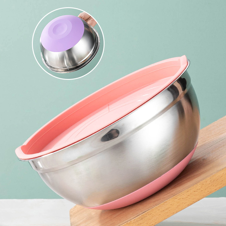 Silicone bottom with lid and stainless steel salad bowl,HangYu Housewares ,Silicone bottom with lid and stainless steel salad bowl