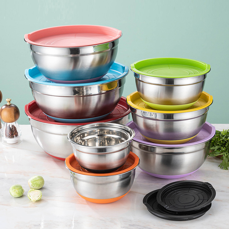 Silicone bottom with lid and stainless steel salad bowl,HangYu Housewares ,Silicone bottom with lid and stainless steel salad bowl