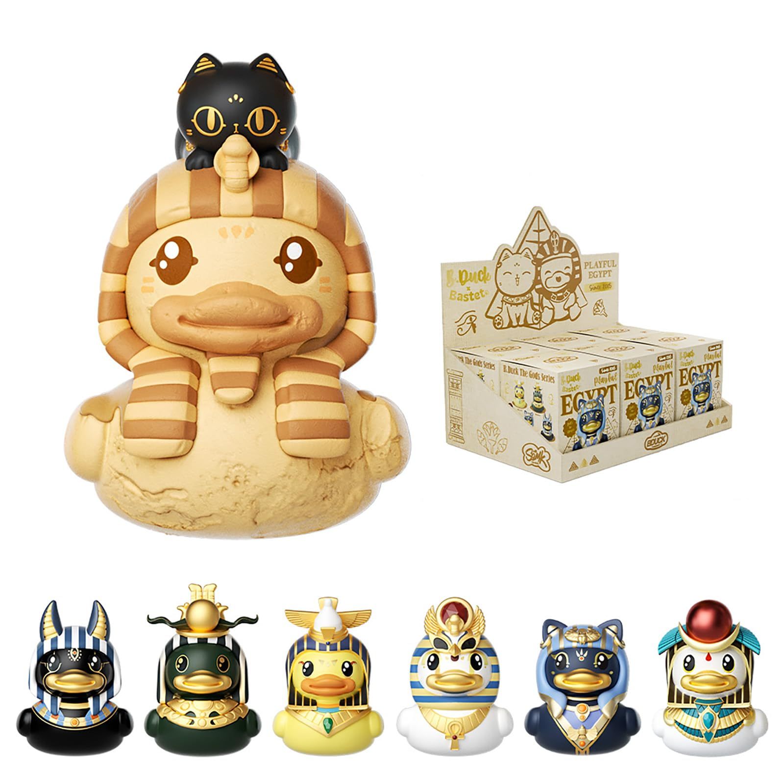 B.Duck x British Museum Blind Box, Egyptian God Collectible Duck Figurines Series,Home Decorations, Holiday Birthday Gifts (B.Duck x Bastet Series, Single Box)