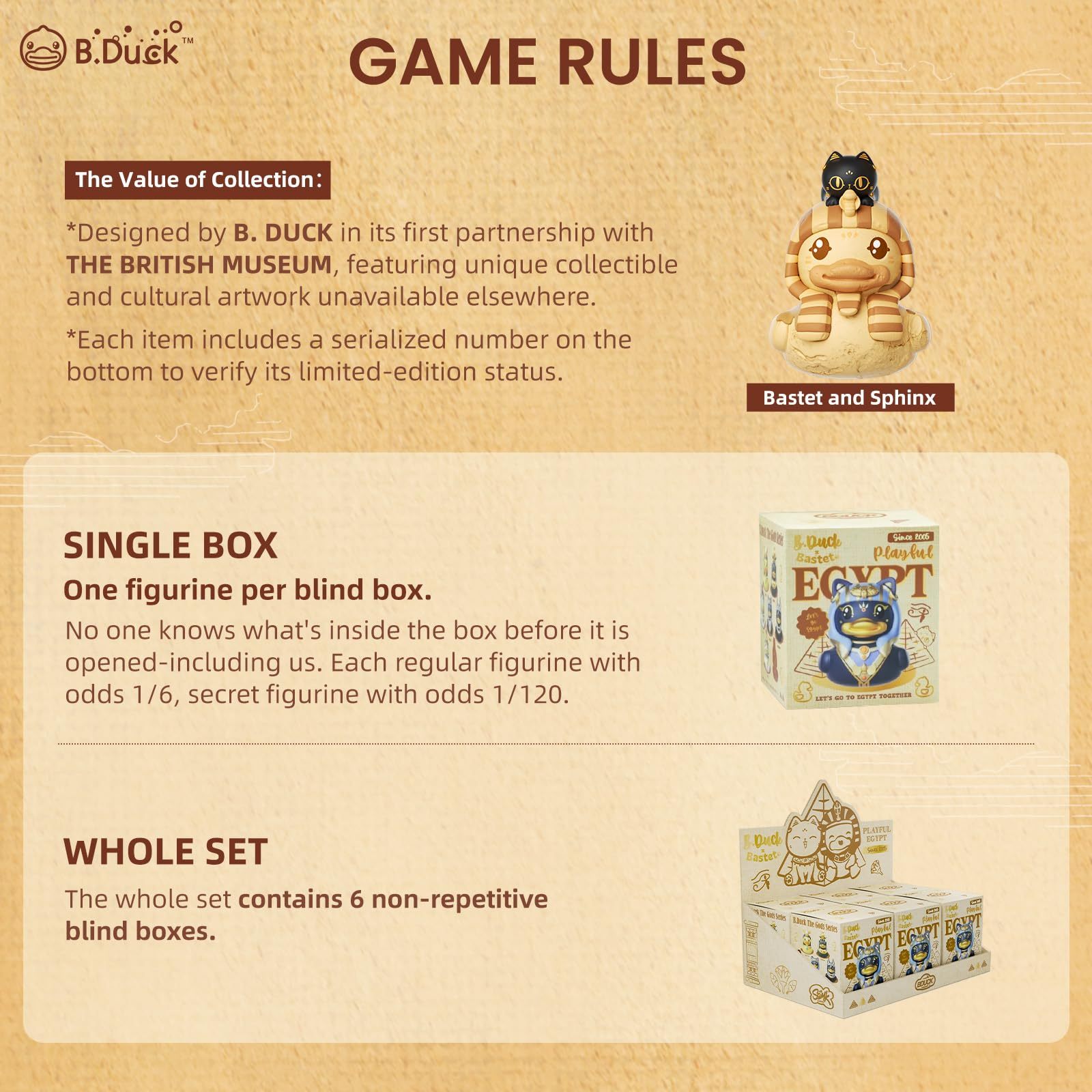 B.Duck x British Museum Blind Box, Egyptian God Collectible Duck Figurines Series,Home Decorations, Holiday Birthday Gifts (B.Duck x Bastet Series, Single Box)