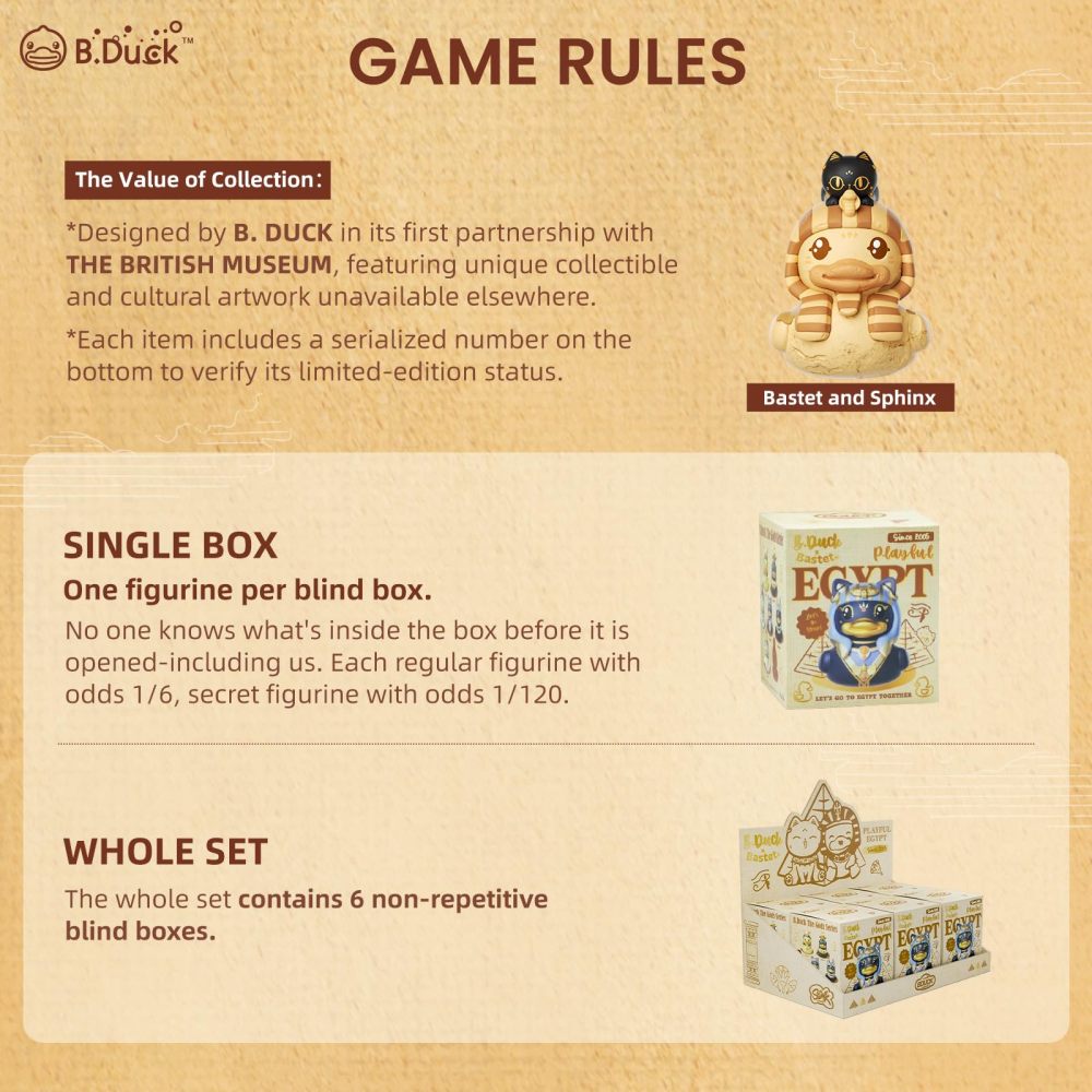 B.Duck x British Museum Blind Box, Egyptian God Collectible Duck Figurines Series,Home Decorations, Holiday Birthday Gifts (B.Duck x Bastet Series, Single Box)