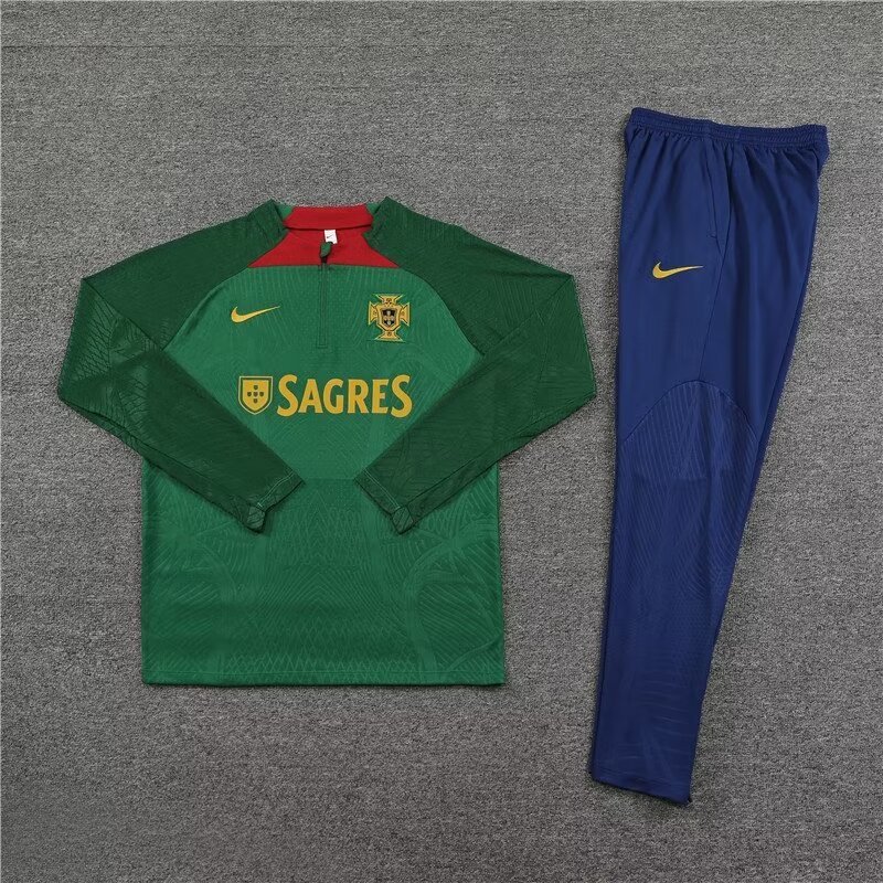 2023-2024 Player Version Portugal Half Pull Training Wear Green Football Shirt Set