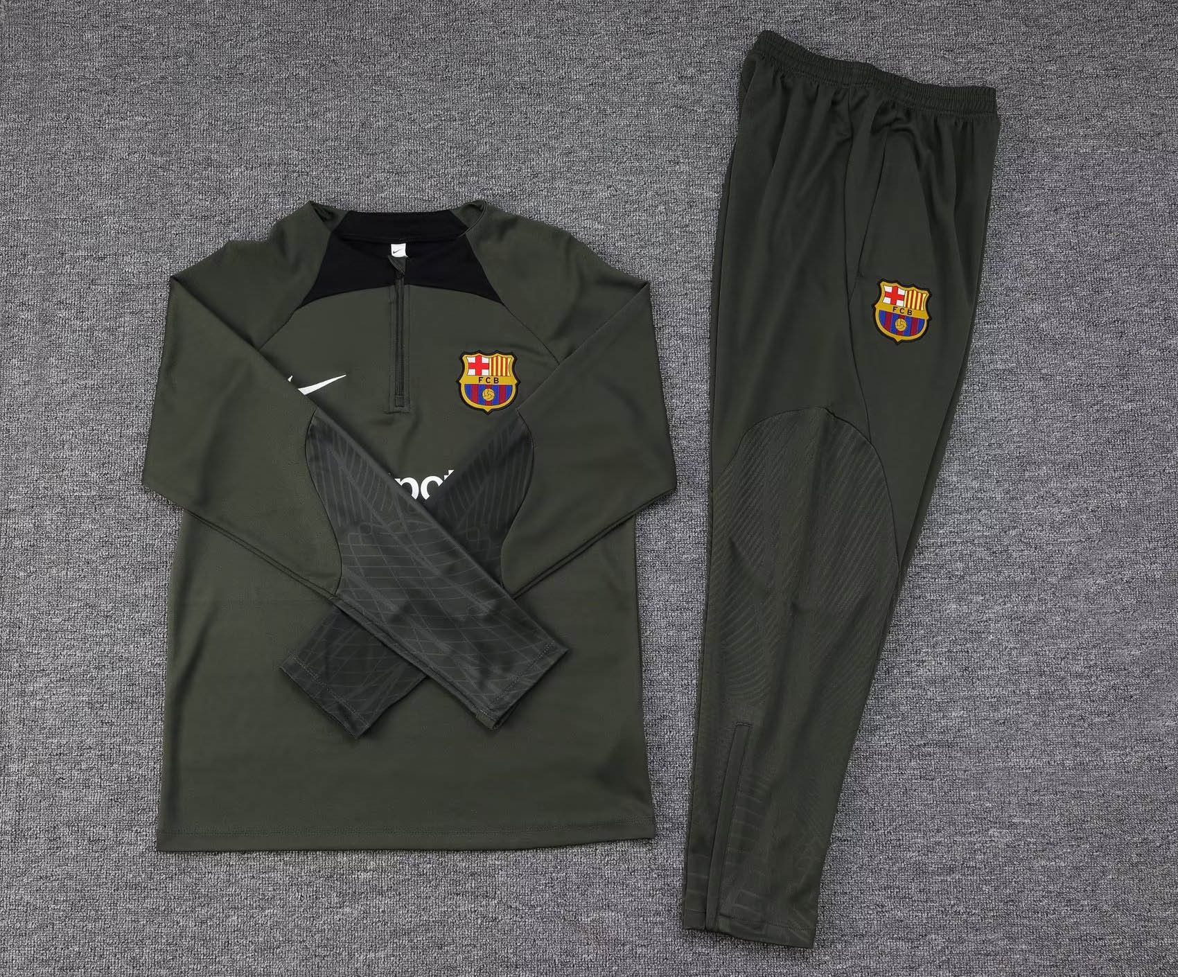 2023/2024 Player Version Barcelona Half Training Uniform Army Green Jersey Set 1:1 Thai Quality