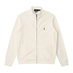 White with brown logo
