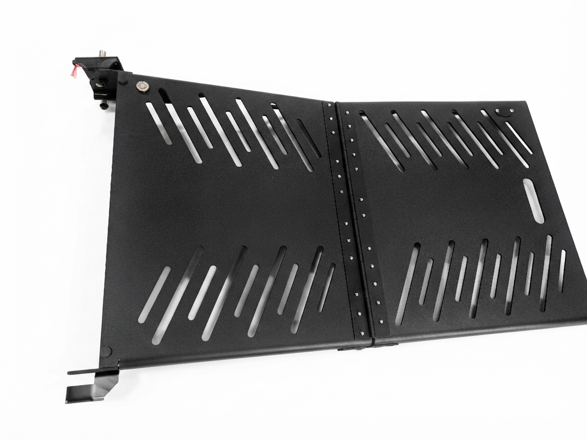 Rear-entry ramp deck-plate weldment made from 5052-H32 aluminum sheet metal with powder-coated finish for wheelchair accessibility vehicles