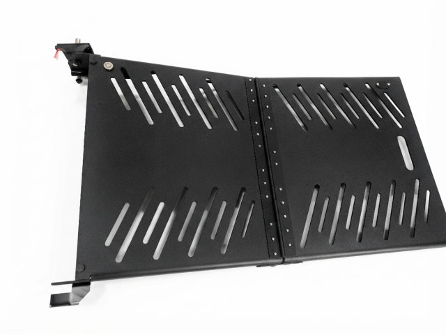Rear-entry ramp deck-plate weldment made from 5052-H32 aluminum sheet metal with powder-coated finish for wheelchair accessibility vehicles