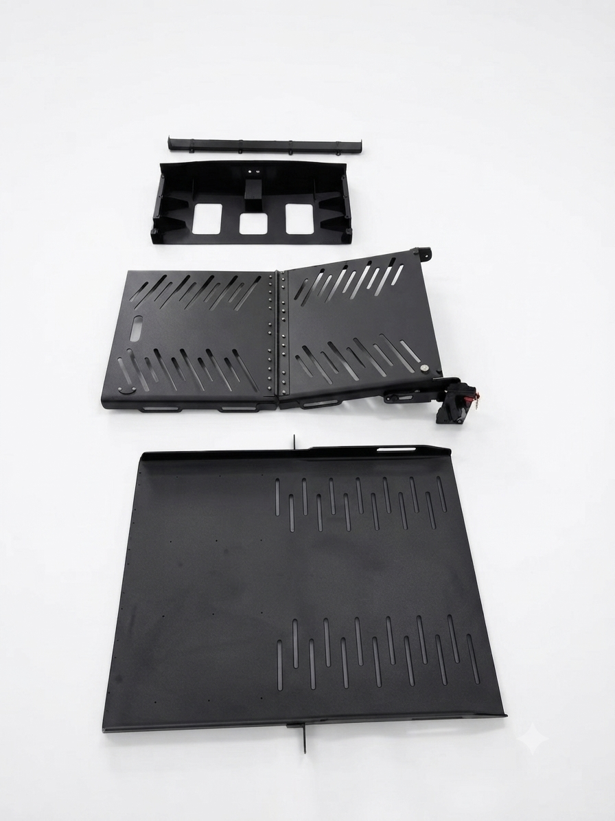 Rear-entry ramp deck-plate weldment made from 5052-H32 aluminum sheet metal with powder-coated finish for wheelchair accessibility vehicles