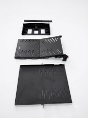 Rear-entry ramp deck-plate weldment made from 5052-H32 aluminum sheet metal with powder-coated finish for wheelchair accessibility vehicles