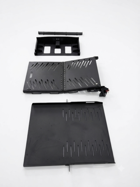 Rear-entry ramp deck-plate weldment made from 5052-H32 aluminum sheet metal with powder-coated finish for wheelchair accessibility vehicles