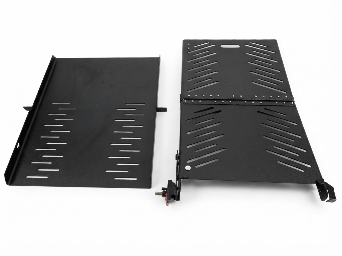 Rear-entry ramp deck-plate weldment made from 5052-H32 aluminum sheet metal with powder-coated finish for wheelchair accessibility vehicles