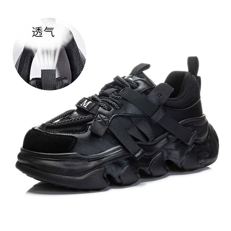 Luxury Leather Dad Shoes for Women Spring New Round Head Pure Color Lace Up Sports Shoes Thick Bottom Increase Height Fashion Running Shoes