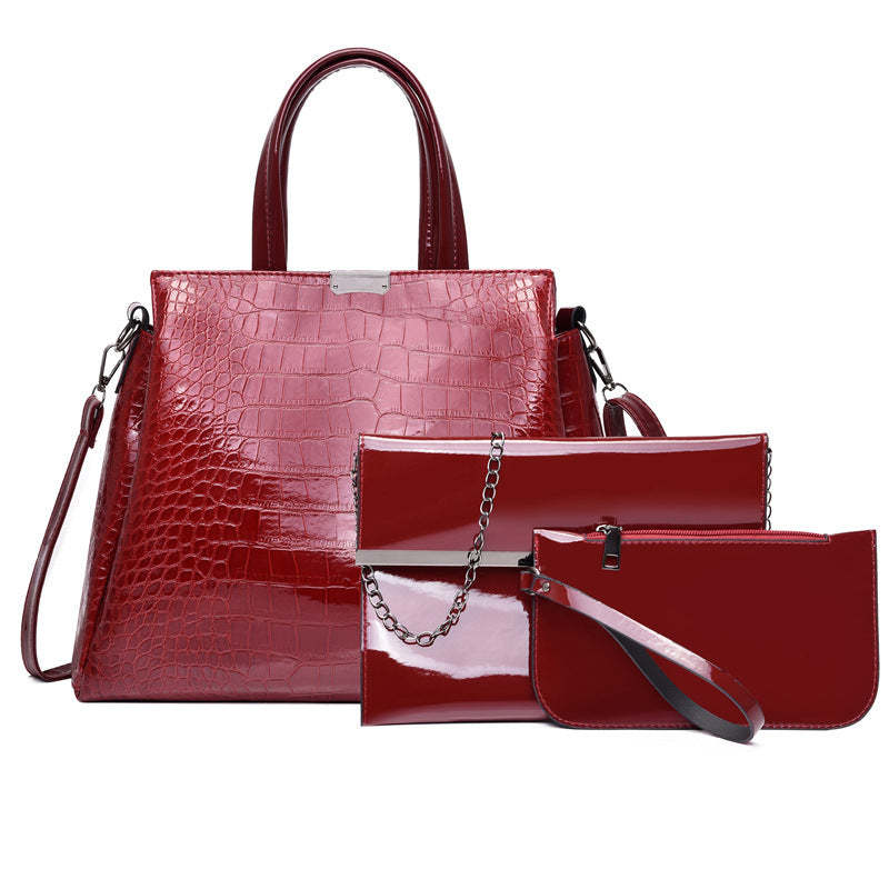 Fashionable Cross-Border Crocodile Embossed PU Handbag Set with Three Pieces, Mom Bag Shoulder Bag and Handbag