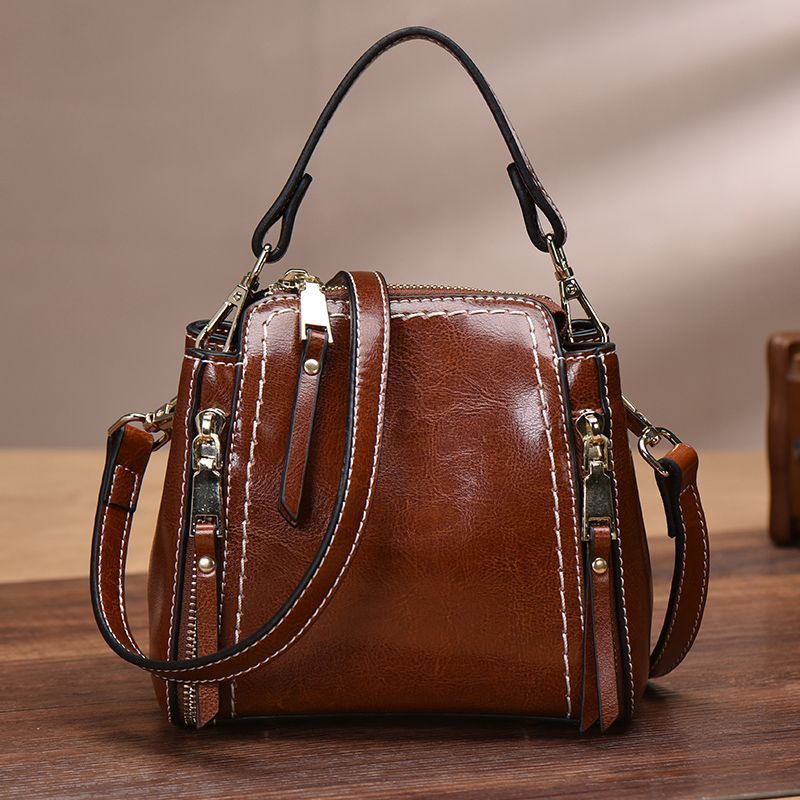Fashion Cross-border Genuine Leather Women's Handbag, Retro Versatile Shoulder Bag, Water Bucket Bag