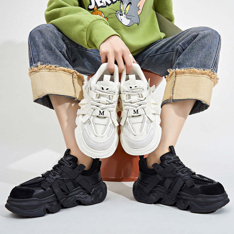 Luxury Leather Dad Shoes for Women Spring New Round Head Pure Color Lace Up Sports Shoes Thick Bottom Increase Height Fashion Running Shoes