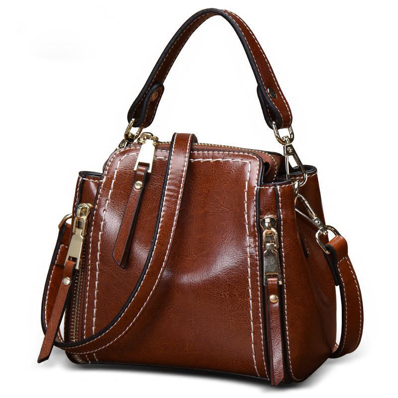 Fashion Cross-border Genuine Leather Women's Handbag, Retro Versatile Shoulder Bag, Water Bucket Bag