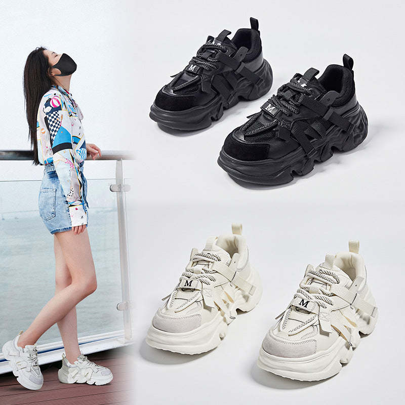 Luxury Leather Dad Shoes for Women Spring New Round Head Pure Color Lace Up Sports Shoes Thick Bottom Increase Height Fashion Running Shoes