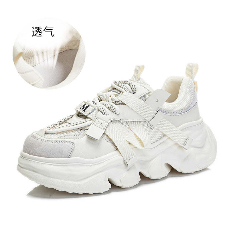 Luxury Leather Dad Shoes for Women Spring New Round Head Pure Color Lace Up Sports Shoes Thick Bottom Increase Height Fashion Running Shoes