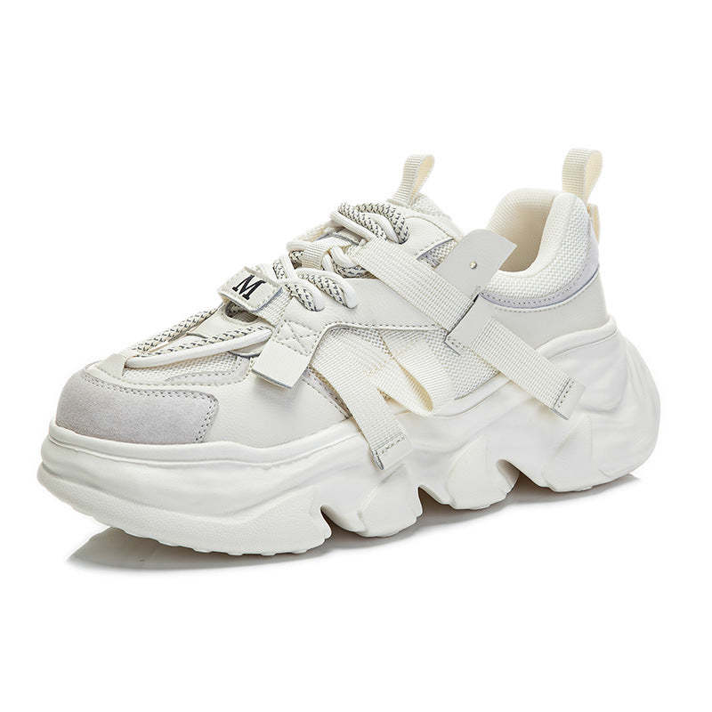 Luxury Leather Dad Shoes for Women Spring New Round Head Pure Color Lace Up Sports Shoes Thick Bottom Increase Height Fashion Running Shoes