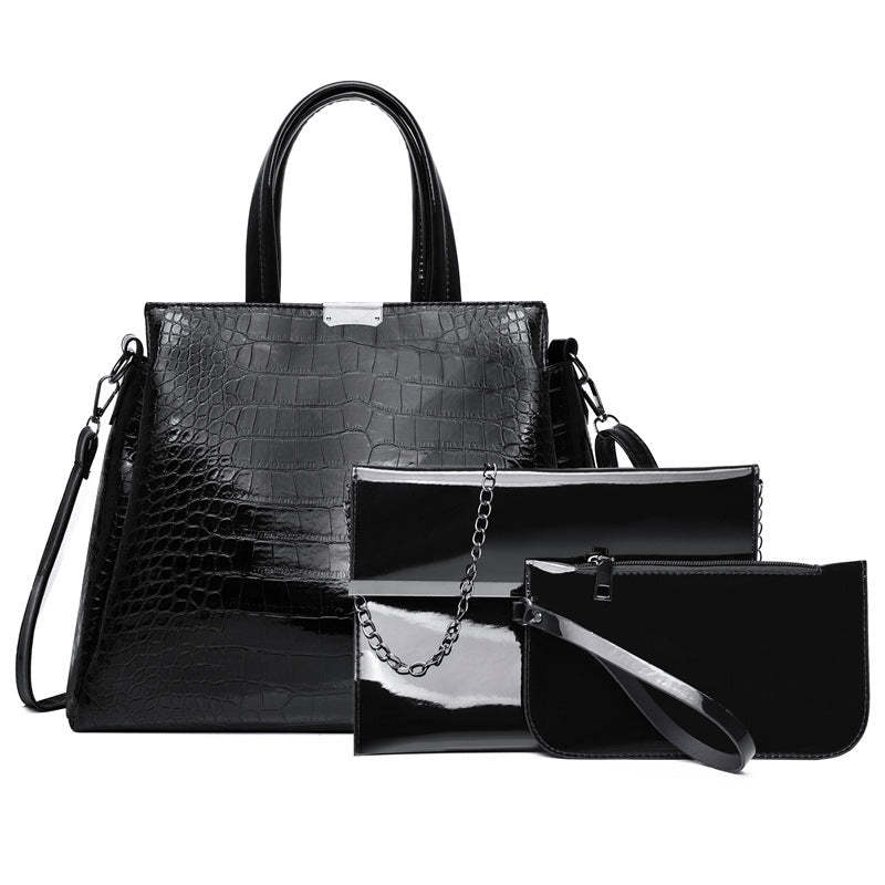 Fashionable Cross-Border Crocodile Embossed PU Handbag Set with Three Pieces, Mom Bag Shoulder Bag and Handbag