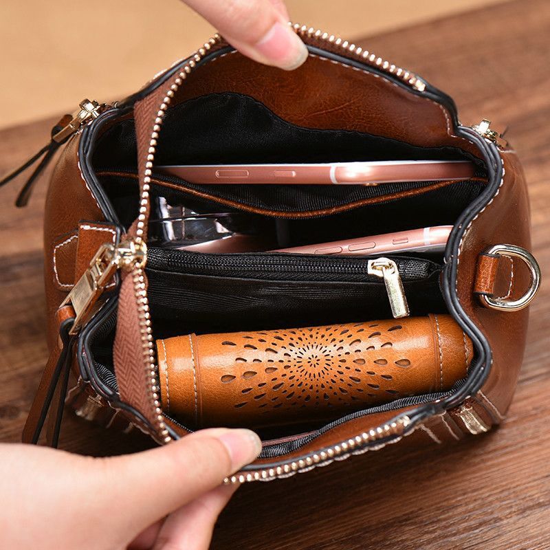 Fashion Cross-border Genuine Leather Women's Handbag, Retro Versatile Shoulder Bag, Water Bucket Bag