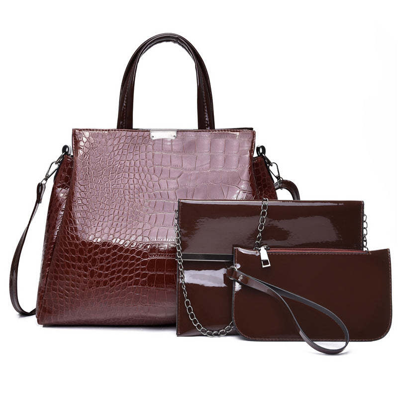 Fashionable Cross-Border Crocodile Embossed PU Handbag Set with Three Pieces, Mom Bag Shoulder Bag and Handbag