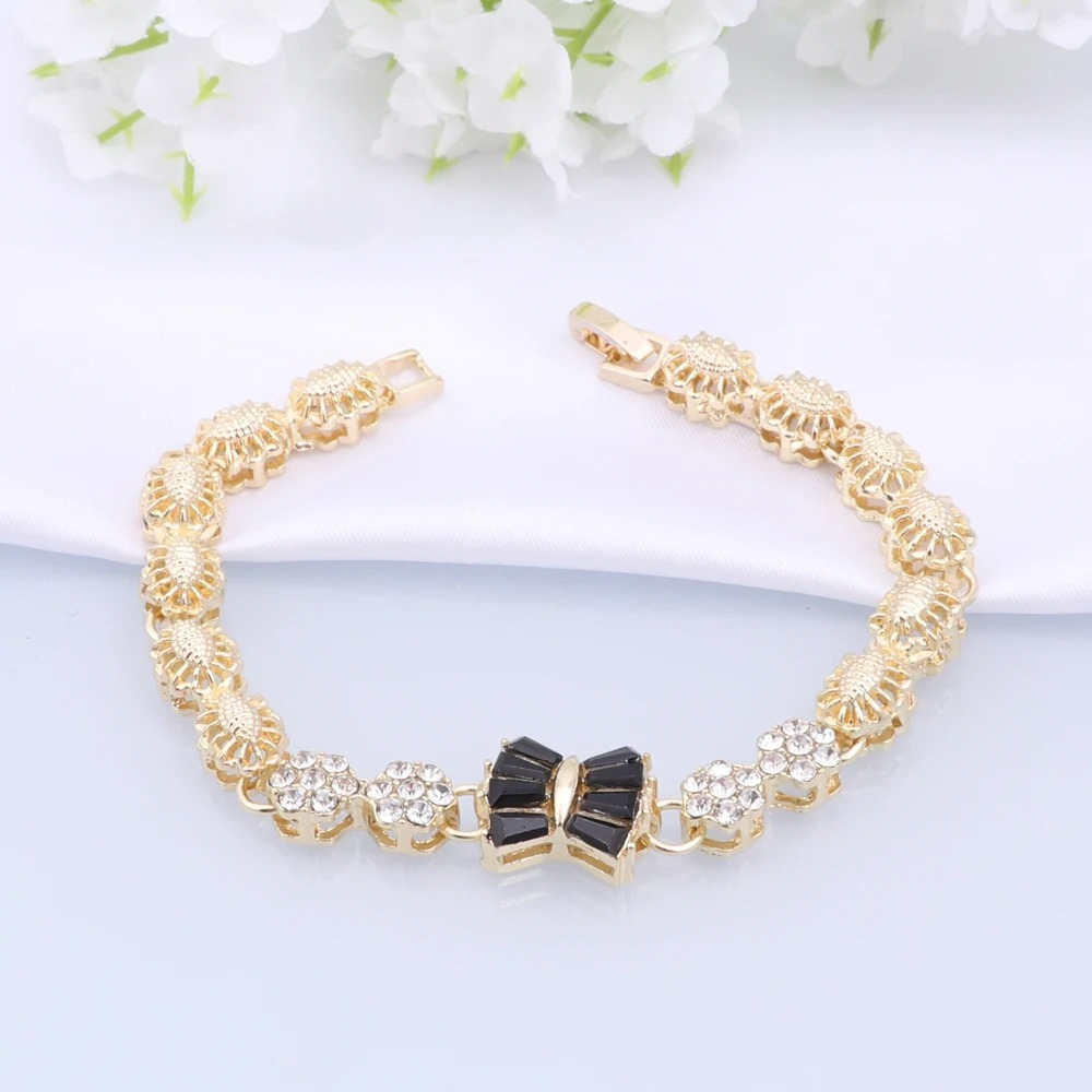Gold Plated Alloy 4 Piece Bridal Jewelry Set with Black Clear Rhinestone Embellished Flower Motifs Glamorous for Weddings Party,www.hzwjewelry.com,Gold Plated Alloy 4 Piece Bridal Jewelry Set, Black Clear Rhinestone Flower Motif Glam Matching Set For Wedding Party