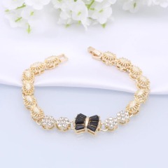 Gold Plated Alloy 4 Piece Bridal Jewelry Set with Black Clear Rhinestone Embellished Flower Motifs Glamorous for Weddings Party,www.hzwjewelry.com,Gold Plated Alloy 4 Piece Bridal Jewelry Set, Black Clear Rhinestone Flower Motif Glam Matching Set For Wedding Party