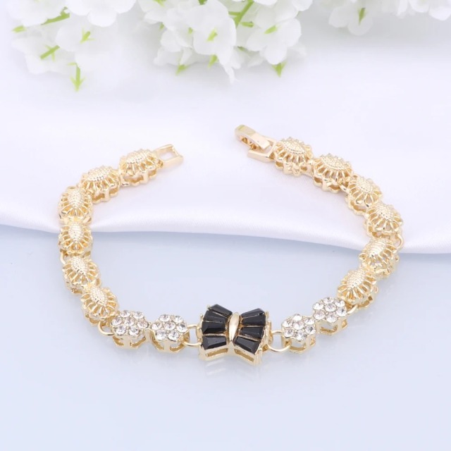 Gold Plated Alloy 4 Piece Bridal Jewelry Set with Black Clear Rhinestone Embellished Flower Motifs Glamorous for Weddings Party,www.hzwjewelry.com,Gold Plated Alloy 4 Piece Bridal Jewelry Set, Black Clear Rhinestone Flower Motif Glam Matching Set For Wedding Party