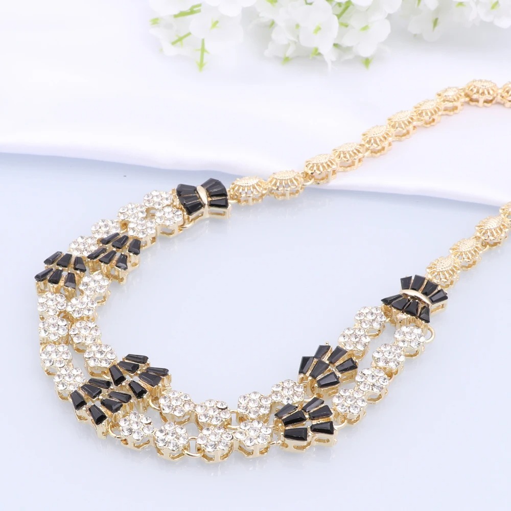 Gold Plated Alloy 4 Piece Bridal Jewelry Set with Black Clear Rhinestone Embellished Flower Motifs Glamorous for Weddings Party,www.hzwjewelry.com,Gold Plated Alloy 4 Piece Bridal Jewelry Set, Black Clear Rhinestone Flower Motif Glam Matching Set For Wedding Party