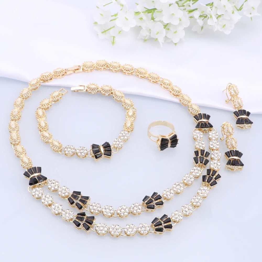 Gold Plated Alloy 4 Piece Bridal Jewelry Set with Black Clear Rhinestone Embellished Flower Motifs Glamorous for Weddings Party,www.hzwjewelry.com,Gold Plated Alloy 4 Piece Bridal Jewelry Set, Black Clear Rhinestone Flower Motif Glam Matching Set For Wedding Party