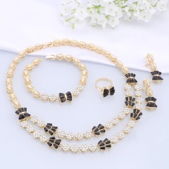 Gold Plated Alloy 4 Piece Bridal Jewelry Set with Black Clear Rhinestone Embellished Flower Motifs Glamorous for Weddings Party,www.hzwjewelry.com,Gold Plated Alloy 4 Piece Bridal Jewelry Set, Black Clear Rhinestone Flower Motif Glam Matching Set For Wedding Party