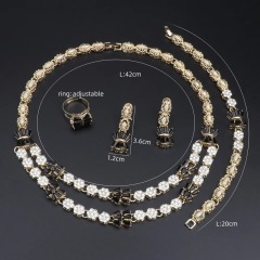 Gold Plated Alloy 4 Piece Bridal Jewelry Set with Black Clear Rhinestone Embellished Flower Motifs Glamorous for Weddings Party,www.hzwjewelry.com,Gold Plated Alloy 4 Piece Bridal Jewelry Set, Black Clear Rhinestone Flower Motif Glam Matching Set For Wedding Party