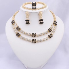 Gold Plated Alloy 4 Piece Bridal Jewelry Set with Black Clear Rhinestone Embellished Flower Motifs Glamorous for Weddings Party,www.hzwjewelry.com,Gold Plated Alloy 4 Piece Bridal Jewelry Set, Black Clear Rhinestone Flower Motif Glam Matching Set For Wedding Party
