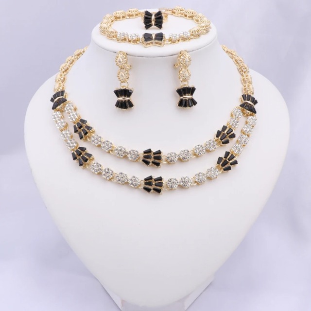 Gold Plated Alloy 4 Piece Bridal Jewelry Set with Black Clear Rhinestone Embellished Flower Motifs Glamorous for Weddings Party,www.hzwjewelry.com,Gold Plated Alloy 4 Piece Bridal Jewelry Set, Black Clear Rhinestone Flower Motif Glam Matching Set For Wedding Party