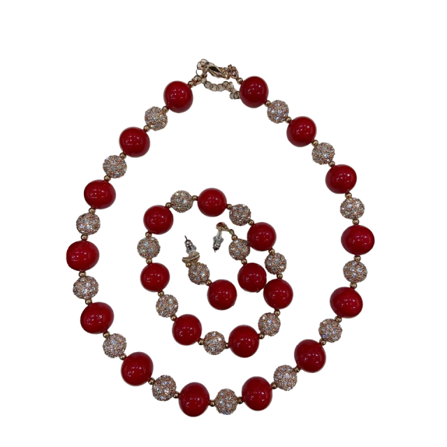 Red Bead & Gold Rhinestone Jewelry Set