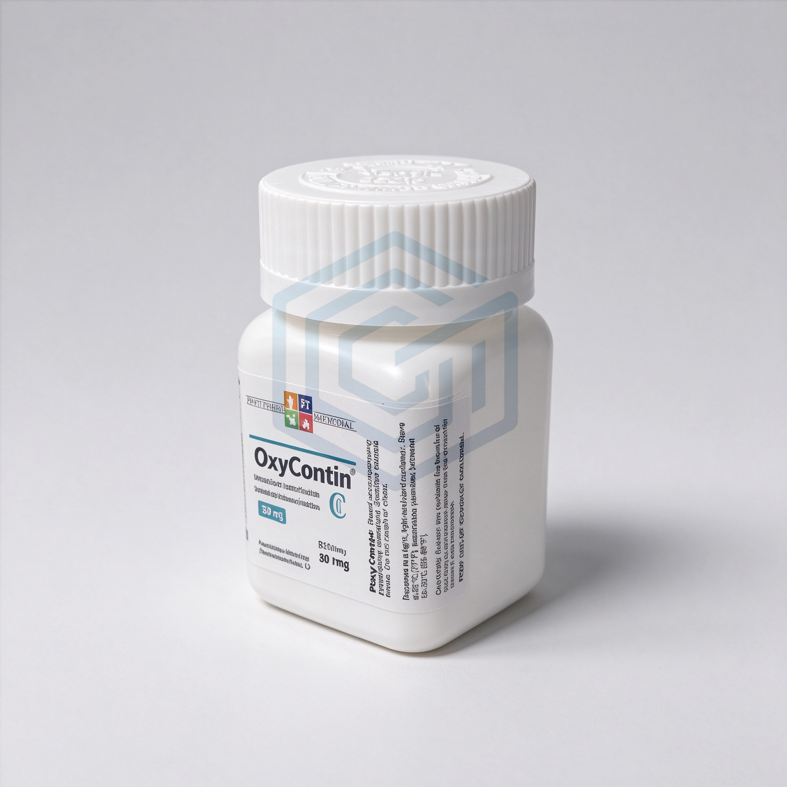 Empty Square Plastic Bottle with Oxycontin OC 80mg Labels and Red Crc Lid