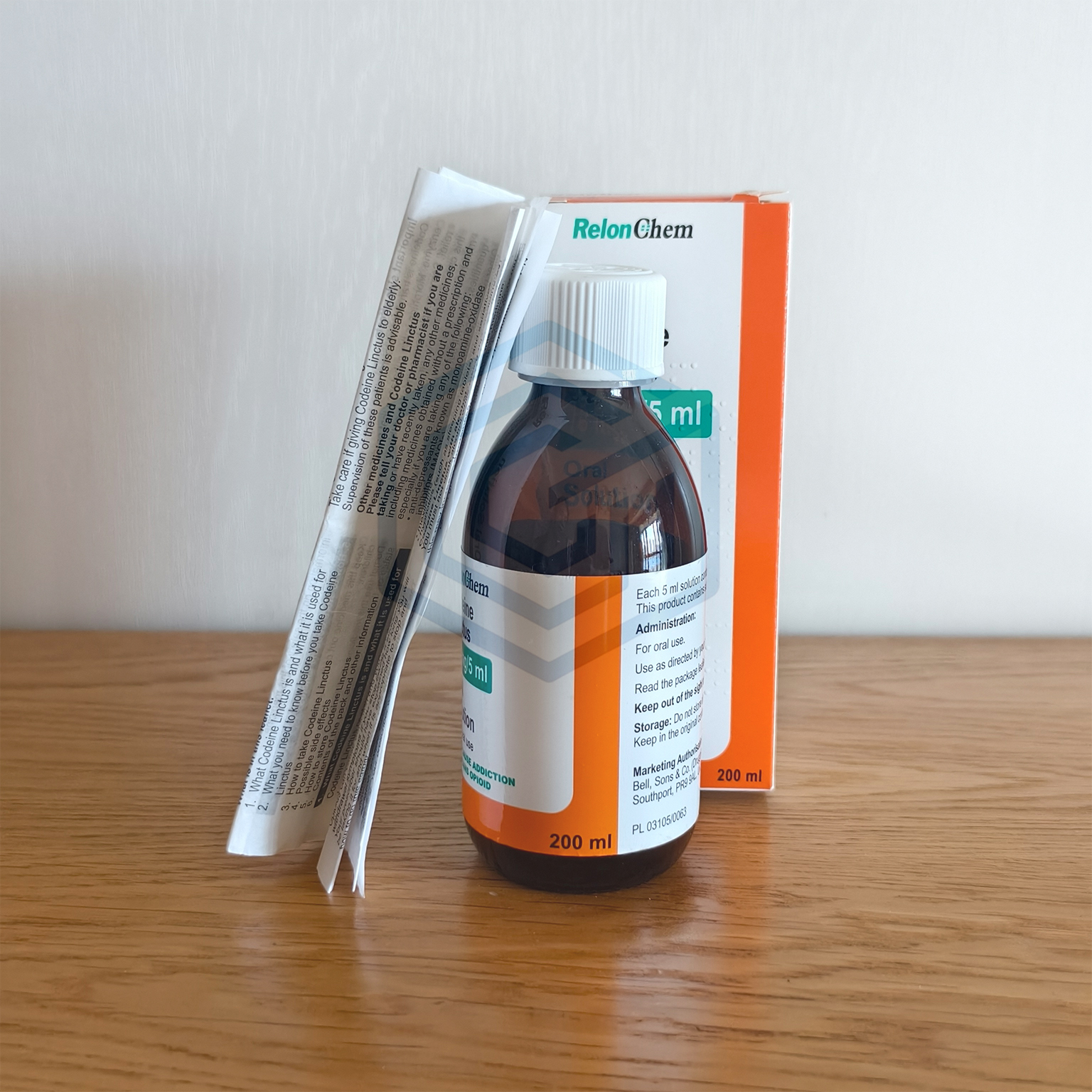 New Stock RelonChem Codeine Linctus 15 Mg/5 ml 200ml Empty Glass Bottle Full Packaging with Red Crc Lid, Label and Box ,Specification From Bell's