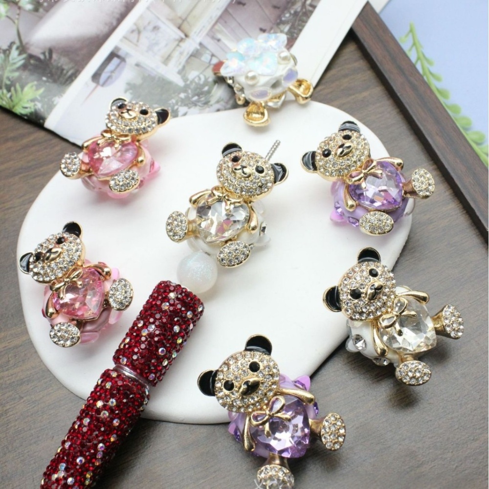 Cute Bear Holding Heart Rhinestone Beads, Straight Hole DIY Charms for Beadable Pens, Bag Pendants & Phone Lanyards