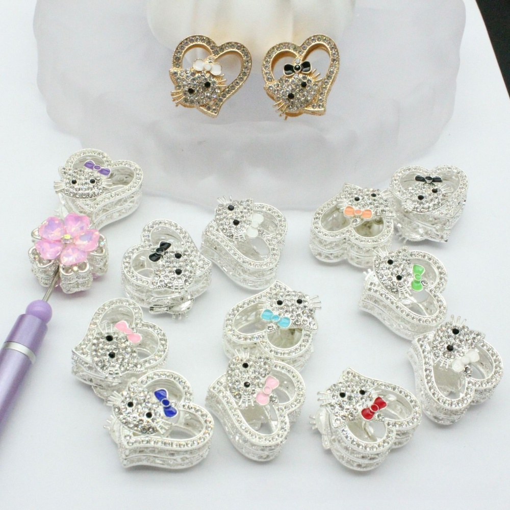 Cute Cartoon Cat with Hollow Heart Bling Beads, Straight Hole Alloy Charms for DIY Beadable Pens