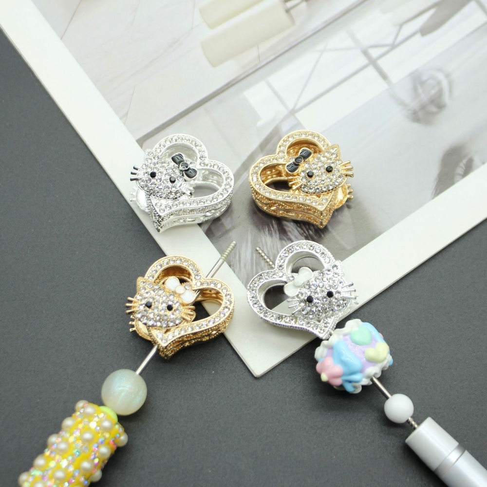 Cute Cartoon Cat with Hollow Heart Bling Beads, Straight Hole Alloy Charms for DIY Beadable Pens