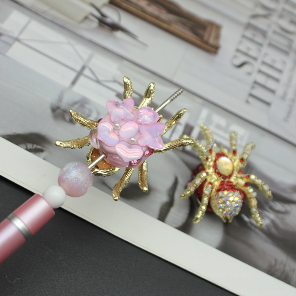 Trendy Full Rhinestone Spider Straight Hole Beads, Shiny Zircon Alloy Charms for DIY Pen Accessories