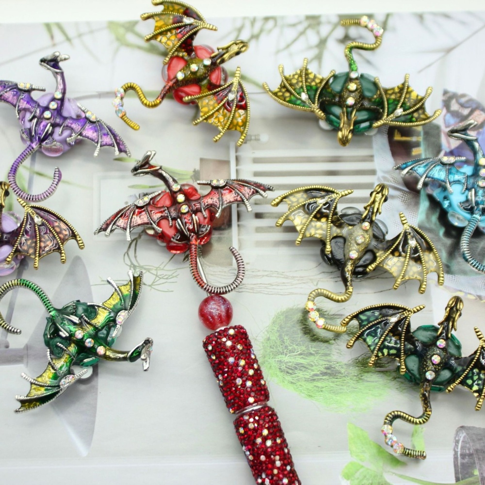 Western Dragon Alloy Beads with Rhinestones, Straight Hole Charms for Beadable Pen