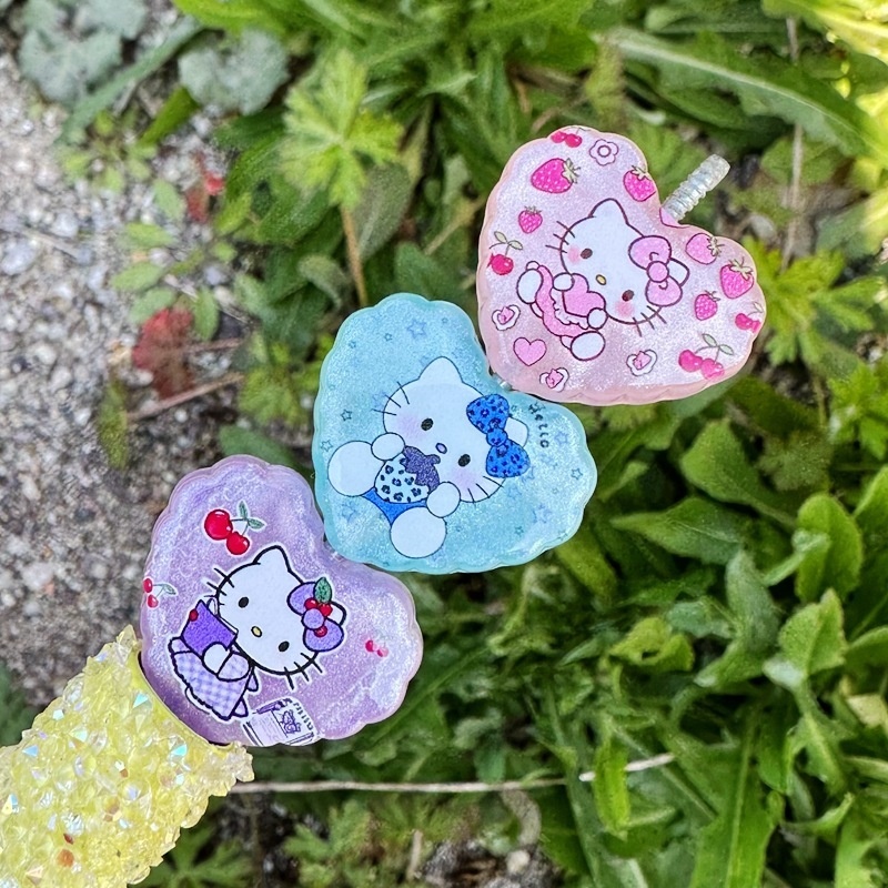 Acrylic Heart Shaped Beads with Double-sided Hello Kitty Print, Through Hole Charms for Bead Pens & Phone Chains