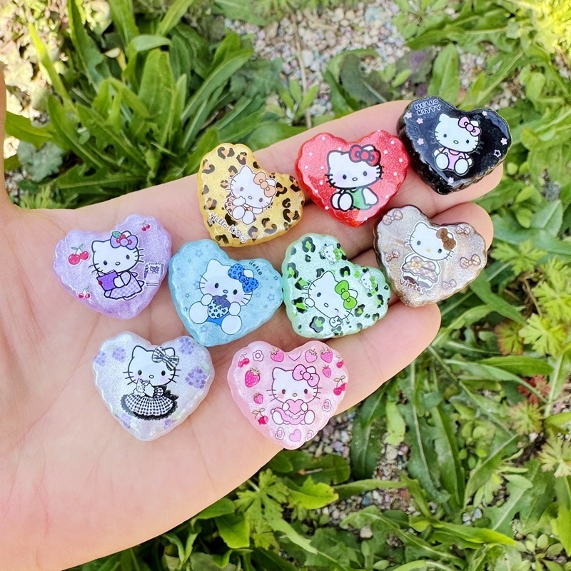 Acrylic Heart Shaped Beads with Double-sided Hello Kitty Print, Through Hole Charms for Bead Pens & Phone Chains
