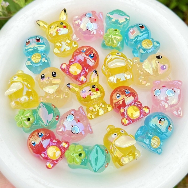 Transparent Color Luminous Pokemon Resin Beads, 3D Stereoscopic Through Hole Crafts for Bead Pens & Car Hangers