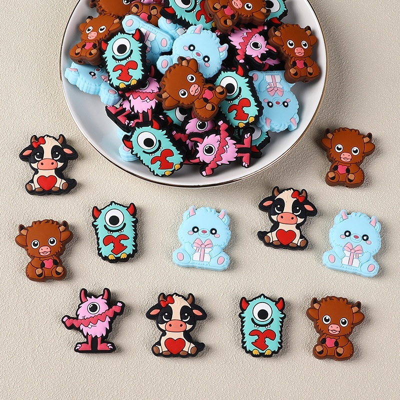 Valentine's Day Love Monster Silicone Focal Beads ， Straight Hole Cartoon Animal Beads for Beaded Pens Wholesale