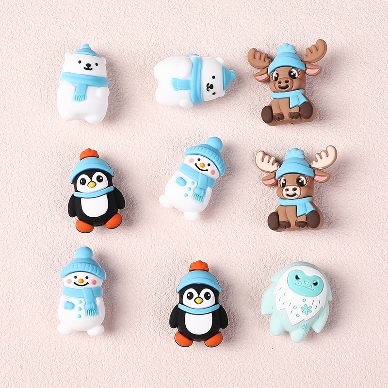 Winter New 3D Silicone Beads | Blue Penguin & Snowman Straight Hole Beads for Beaded Pen