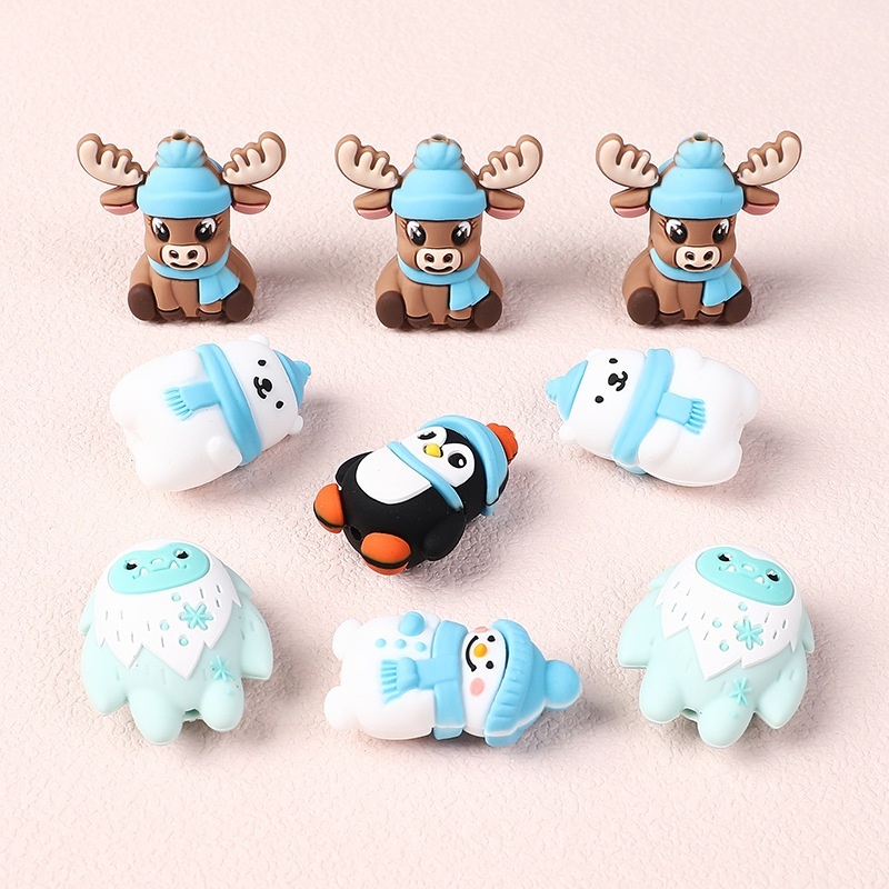 Winter New 3D Silicone Beads | Blue Penguin & Snowman Straight Hole Beads for Beaded Pen